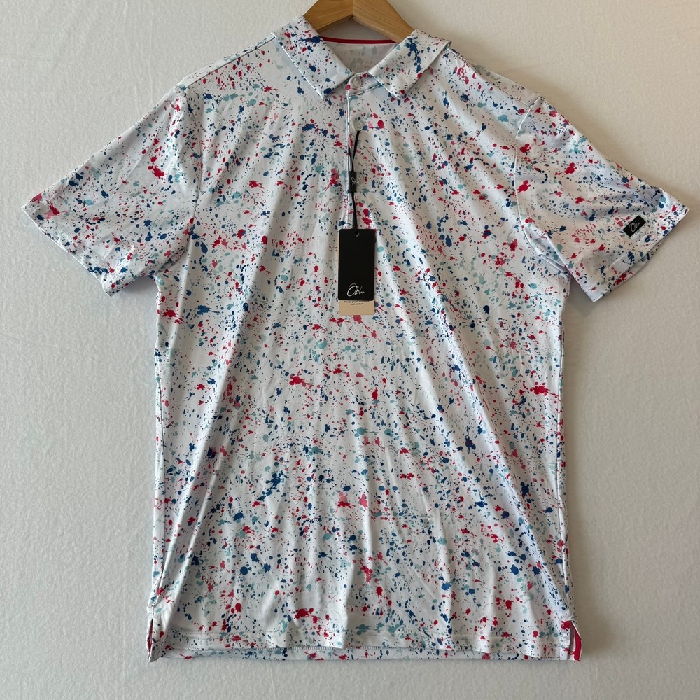 Obla Mens Performance Polo Shirt White Paint Splatter Print Golf Size Medium NWT